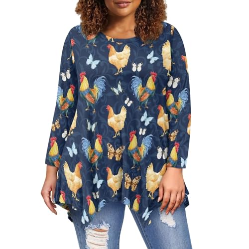 chaqlin Lässige Langarm-Shirts für Damen, Workout-Shirt, unregelmäßiger Saum, locker, bequem, warme Bluse, Übergröße S-6XL, Blaues Boho-Huhn, Large von chaqlin