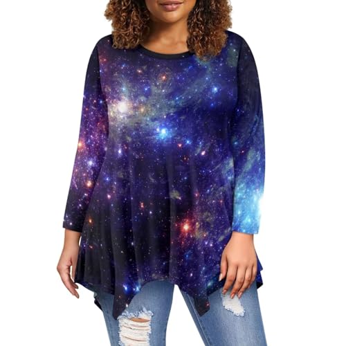 chaqlin Lässige Langarm-Shirts für Damen, Workout-Shirt, unregelmäßiger Saum, locker, bequem, warme Bluse, Übergröße S-6XL, Galaxy Night Purple, Large von chaqlin