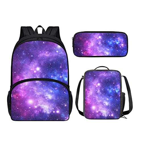 chaqlin Lila Galaxy Night School Bookbags Set Kinder Zurück zu Schultaschen Set von 3-Pcs mit Thermal Lunchbox und Bleistiftetui, Galaxy Space Rucksack Schule Rucksack Tägliche Tasche von chaqlin