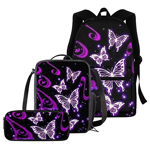 chaqlin Lila Schmetterling Schultaschen-Set für Mädchen, Schmetterlings-Rucksack + Thermo-Lunchbox + Federmäppchen-Set mit 3 Stück für Kinder Grundschüler-Büchertaschen von chaqlin
