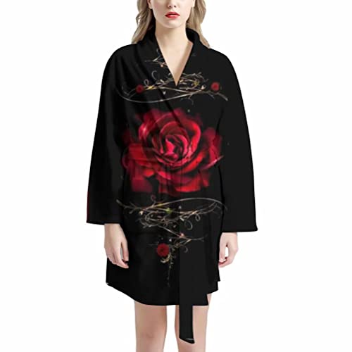 chaqlin Nachtwäsche Roben für Frauen Damen Muster Baumwolle Morgenmantel Funky Kimono Robe Bademantel, rote rose, One size von chaqlin