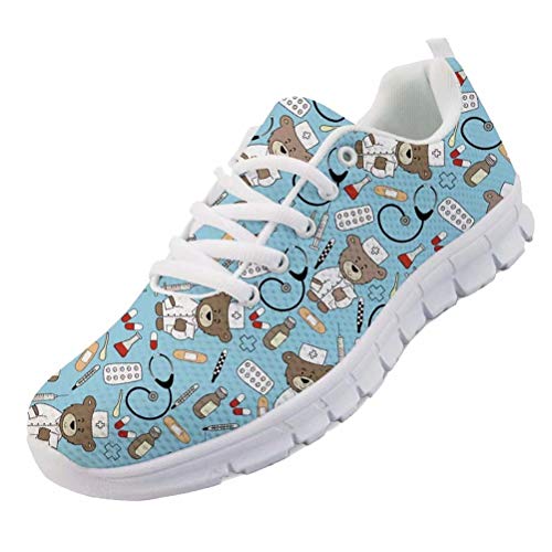 chaqlin Nette Krankenschwester Schuhe Damen Herren Sneaker Blau Cartoon Bär Doktor Muster Lace Up Sportschuhe Atmungsaktive Laufschuhe Für Frühling Sommer Eu38 von chaqlin