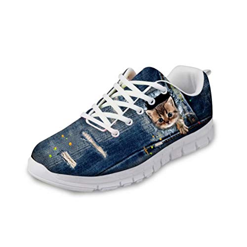 chaqlin Niedlichen Tier Sneaker Mädchen Damen Casual Sport Gym Trainer Leichte Outdoor Reise Laufschuhe Denim Katze Muster Größe 35 von chaqlin