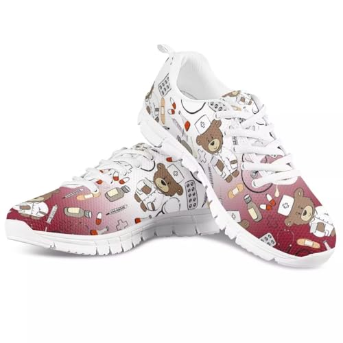 chaqlin Nurse Laufschuhe für Damen niedliche Krankenschwester Sneaker leichte Sportschuhe Schnürung-up Walkingschuhe Damen Turnschuhe Krankenschwester Schuhe rot,Größe 43 EU von chaqlin