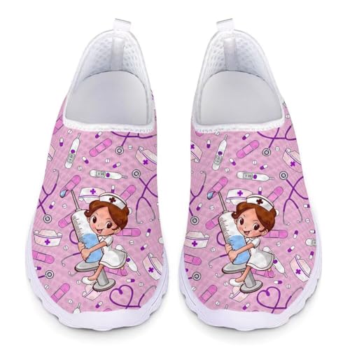 chaqlin Rosa Krankenschwester Printed Sportschuhe für Damen,Nette Krankenschwester Laufschuhe Atmungsaktiv Freizeitschuhe,Cute Nurse Sneakers Turnschuhe Leicht Laufschuhe für Mädchen,Größe 36 EU von chaqlin