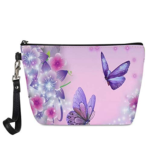 chaqlin Kosmetiktasche für unterwegs, Schmetterling-Motiv, aus Leder, mit Reißverschluss und Handgelenkschlaufe, klein, Make-up-Tasche, Kulturbeutel, Stifteetui, Kinder, Schule von chaqlin