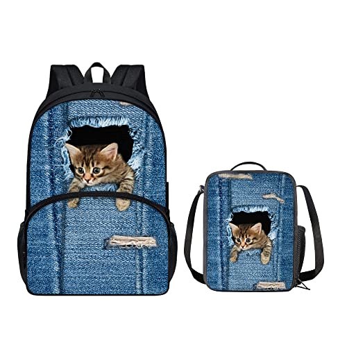 chaqlin Rucksack-Set für Jungen und Mädchen, 2-teilig, personalisierbar, mit Thermo-Lunchbox, Denim Cat, Einheitsgröße, Schulranzen-Set von chaqlin