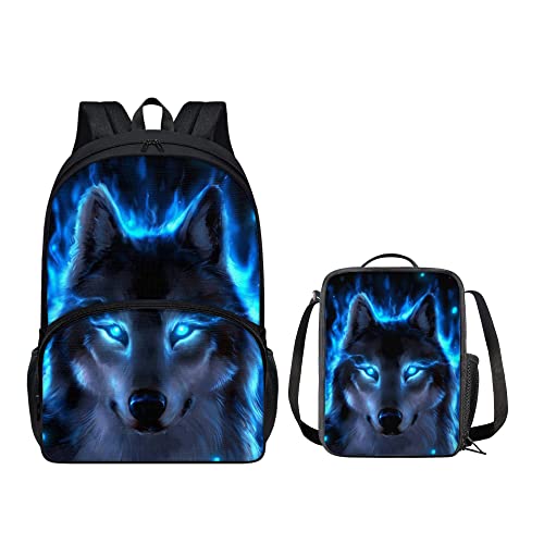 chaqlin Rucksack-Set für Jungen und Mädchen, 2-teilig, personalisierbar, mit Thermo-Lunchbox, Neonblauer Wolf, Einheitsgröße, Schulranzen-Set von chaqlin