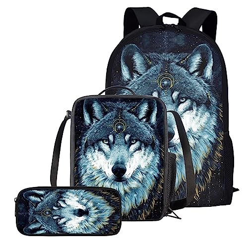 chaqlin Rucksack für Kinder, Jungen, Mädchen, Teenager, strapazierfähig, 43,2 cm, Schulbüchertaschen, Wolfsdruck, 3D Schwarz Tier Wolf, Einheitsgröße von chaqlin