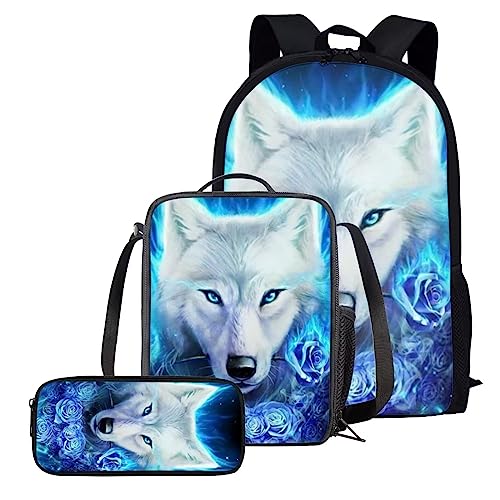 chaqlin Rucksack für Kinder, Jungen, Mädchen, Teenager, strapazierfähig, 43,2 cm, Schulbüchertaschen, Wolfaufdruck, Animal Wolf blau, Einheitsgröße von chaqlin