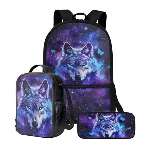 chaqlin Rucksack für Mädchen und Jungen, Schultaschen-Set mit Thermo-Lunchbox, Federmäppchen, 3-teiliges Set für Grundschulkindergarten und Schule, Animal Wolf, Kinderrucksack von chaqlin