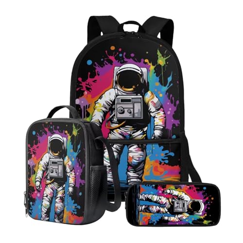 chaqlin Rucksack für Mädchen und Jungen, Schultaschen-Set mit Thermo-Lunchbox, Federmäppchen, 3-teiliges Set für Grundschulkindergarten und Schule, Astronaut, bunt, Kinderrucksack von chaqlin