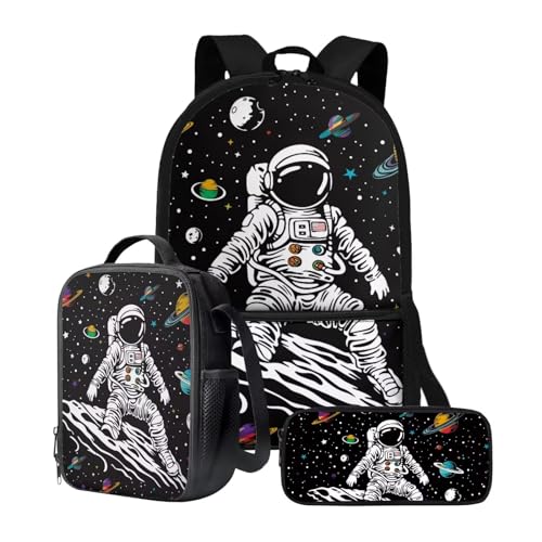 chaqlin Rucksack für Mädchen und Jungen, Schultaschen-Set mit Thermo-Lunchbox, Federmäppchen, 3-teiliges Set für Grundschulkindergarten und Schule, Astronautenaufdruck, Kinderrucksack von chaqlin