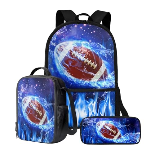 chaqlin Rucksack für Mädchen und Jungen, Schultaschen-Set mit Thermo-Lunchbox, Federmäppchen, 3-teiliges Set für Grundschulkindergarten und Schule, Blue Flame Rugby, Kinderrucksack von chaqlin