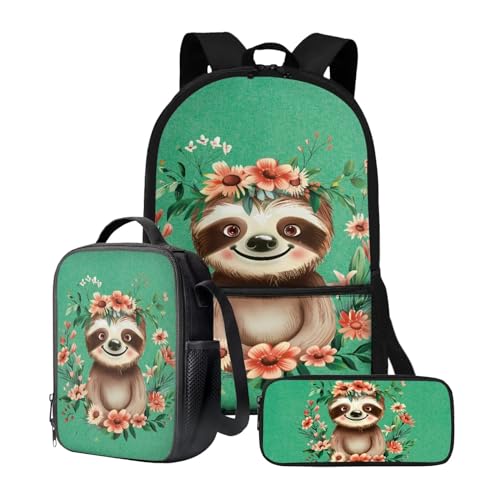 chaqlin Rucksack für Mädchen und Jungen, Schultaschen-Set mit Thermo-Lunchbox, Federmäppchen, 3-teiliges Set für Grundschulkindergarten und Schule, Blumen-Faultier, Kinderrucksack von chaqlin