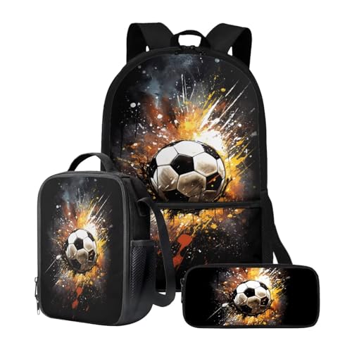 chaqlin Rucksack für Mädchen und Jungen, Schultaschen-Set mit Thermo-Lunchbox, Federmäppchen, 3-teiliges Set für Grundschulkindergarten und Schule, Feuerfußball, Kinderrucksack von chaqlin