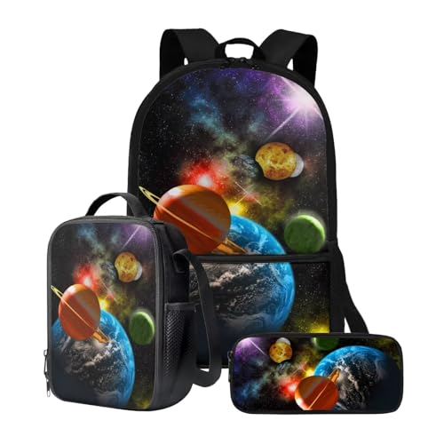 chaqlin Rucksack für Mädchen und Jungen, Schultaschen-Set mit Thermo-Lunchbox, Federmäppchen, 3-teiliges Set für Grundschulkindergarten und Schule, Galaxy Planet, Kinderrucksack von chaqlin