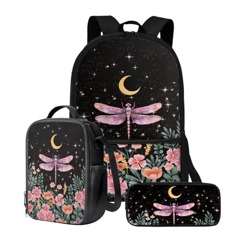 chaqlin Rucksack für Mädchen und Jungen, Schultaschen-Set mit Thermo-Lunchbox, Federmäppchen, 3-teiliges Set für Grundschulkindergarten und Schule, Libelle mit Blume, Kinderrucksack von chaqlin