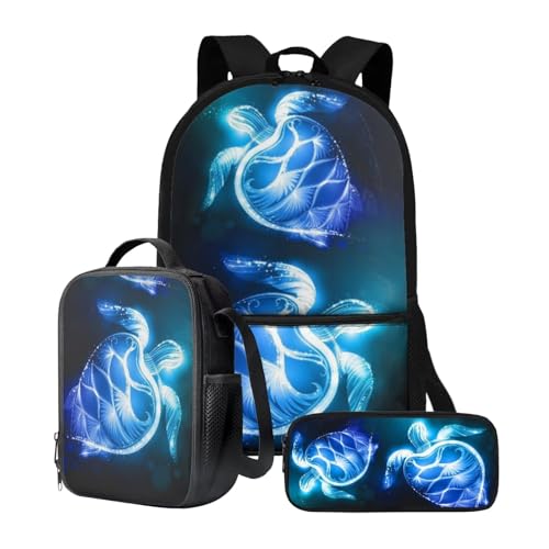 chaqlin Rucksack für Mädchen und Jungen, Schultaschen-Set mit Thermo-Lunchbox, Federmäppchen, 3-teiliges Set für Grundschulkindergarten und Schule, Neon Meeresschildkröte, Kinderrucksack von chaqlin