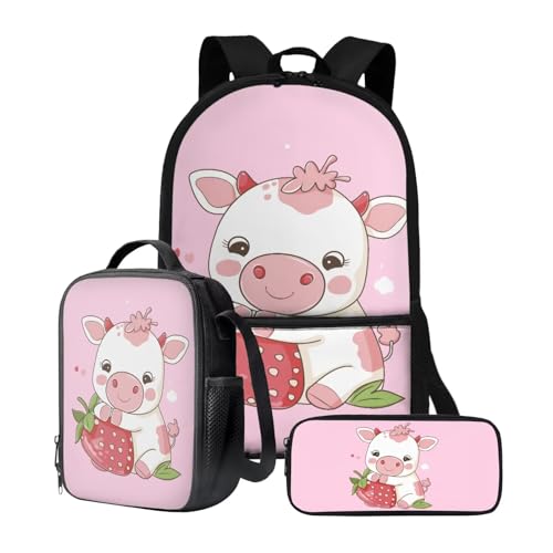 chaqlin Rucksack für Mädchen und Jungen, Schultaschen-Set mit Thermo-Lunchbox, Federmäppchen, 3-teiliges Set für Grundschulkindergarten und Schule, Niedliches Kuh-Rosa, Kinderrucksack von chaqlin