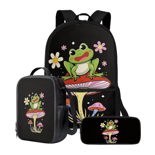 chaqlin Rucksack für Mädchen und Jungen, Schultaschen-Set mit Thermo-Lunchbox, Federmäppchen, 3-teiliges Set für Grundschulkindergarten und Schule, Pilzfrösche, Kinderrucksack von chaqlin