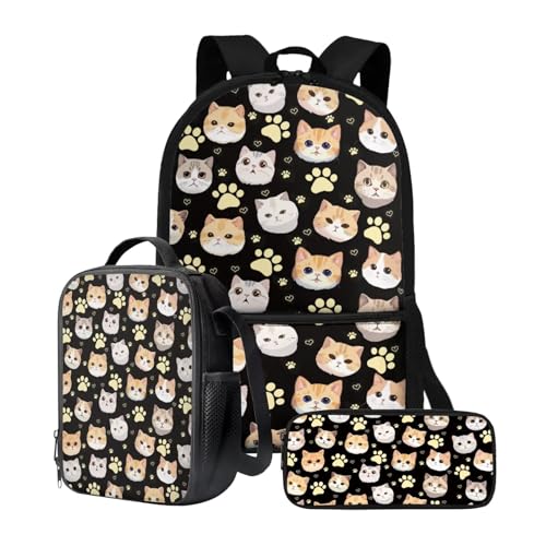 chaqlin Rucksack für Mädchen und Jungen, Schultaschen-Set mit Thermo-Lunchbox, Federmäppchen, 3-teiliges Set für Grundschulkindergarten und Schule, Schöne Tierkatze, Kinderrucksack von chaqlin