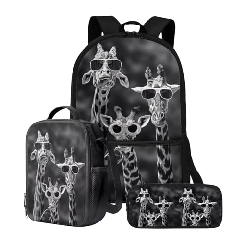 chaqlin Rucksack für Mädchen und Jungen, Schultaschen-Set mit Thermo-Lunchbox, Federmäppchen, 3-teiliges Set für Grundschulkindergarten und Schule, Schwarze Tier-Giraffe, Kinderrucksack von chaqlin