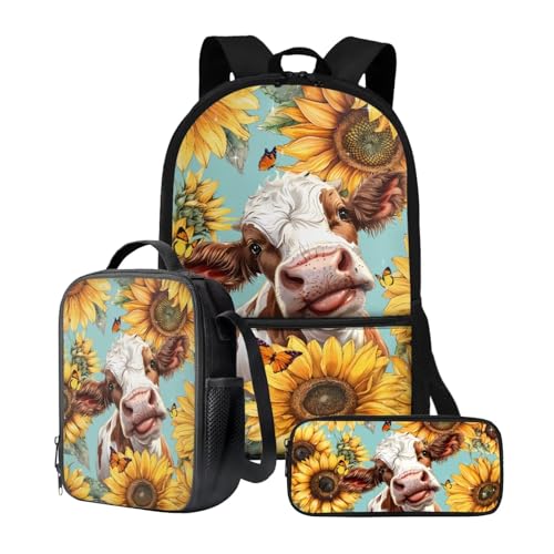 chaqlin Rucksack für Mädchen und Jungen, Schultaschen-Set mit Thermo-Lunchbox, Federmäppchen, 3-teiliges Set für Grundschulkindergarten und Schule, Sonnenblumenkuh, Kinderrucksack von chaqlin