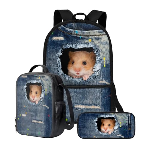 chaqlin Rucksack für Mädchen und Jungen, Schultaschen-Set mit Thermo-Lunchbox, Federmäppchen, 3-teiliges Set für Grundschulkindergarten und Schule, Süßer Hamster, Kinderrucksack von chaqlin