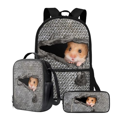 chaqlin Rucksack für Mädchen und Jungen, Schultaschen-Set mit Thermo-Lunchbox, Federmäppchen, 3-teiliges Set für Grundschulkindergarten und Schule, Tier-Hamster, Kinderrucksack von chaqlin