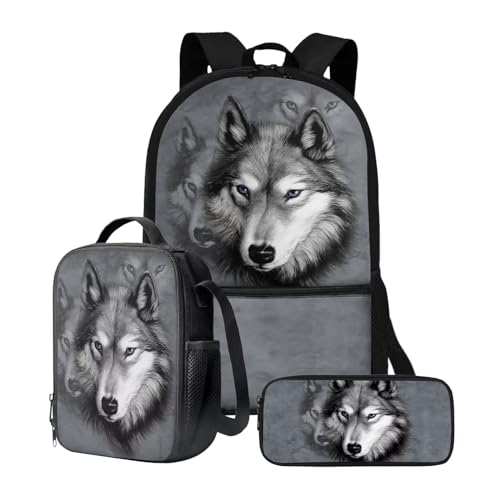 chaqlin Rucksack für Mädchen und Jungen, Schultaschen-Set mit Thermo-Lunchbox, Federmäppchen, 3-teiliges Set für Grundschulkindergarten und Schule, Tiergrauer Wolf, Kinderrucksack von chaqlin