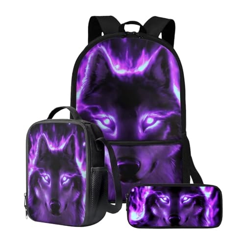 chaqlin Rucksack für Mädchen und Jungen, Schultaschen-Set mit Thermo-Lunchbox, Federmäppchen, 3-teiliges Set für Grundschulkindergarten und Schule, Violetter Neon-Wolf, Kinderrucksack von chaqlin