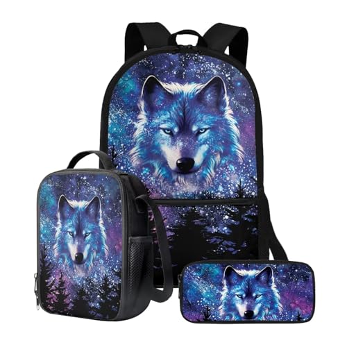 chaqlin Rucksack für Mädchen und Jungen, Schultaschen-Set mit Thermo-Lunchbox, Federmäppchen, 3-teiliges Set für Grundschulkindergarten und Schule, Violetter Tierwolf, Kinderrucksack von chaqlin