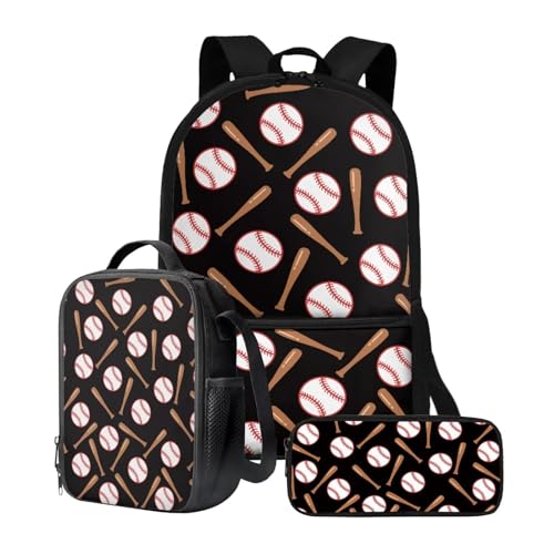 chaqlin Rucksack für Mädchen und Jungen, Schultaschen-Set mit Thermo-Lunchbox, Federmäppchen, 3-teiliges Set für Grundschulkindergarten und Schule, baseball, Kinderrucksack von chaqlin