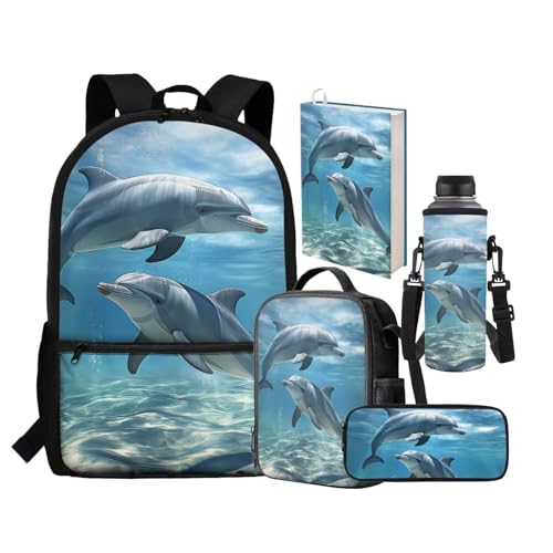 chaqlin Rusksack Rucksack für Mädchen Schultasche Große Kapazität Lunchtasche 5 Pack Schulranzen Set Federmäppchen Wasserflasche Tragetasche Buchhülle mit Tasche, Delfin, Schulranzen-Set von chaqlin