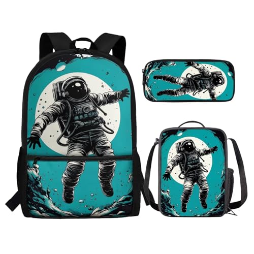 chaqlin Schulbüchertaschen-Set für Mädchen, Teenager, 5–12 Jahre, Schultaschen-Set mit isolierten Lunch-Taschen, Federmäppchen, 3-teiliges Set, Art Astronaut Green, Kinderrucksack von chaqlin