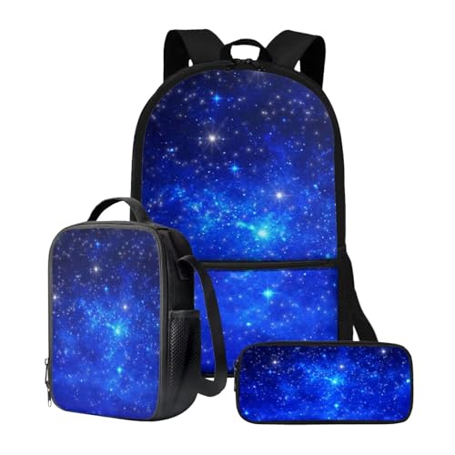 chaqlin Schulbüchertaschen-Set für Mädchen, Teenager, 5–12 Jahre, Schultaschen-Set mit isolierten Lunch-Taschen, Federmäppchen, 3-teiliges Set, Blaue Sternennacht, Kinderrucksack von chaqlin