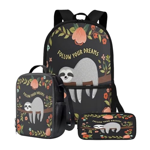 chaqlin Schulbüchertaschen-Set für Mädchen, Teenager, 5–12 Jahre, Schultaschen-Set mit isolierten Lunch-Taschen, Federmäppchen, 3-teiliges Set, Follow Your Dream Sloth, Kinderrucksack von chaqlin