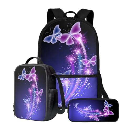 chaqlin Schulbüchertaschen-Set für Mädchen, Teenager, 5–12 Jahre, Schultaschen-Set mit isolierten Lunch-Taschen, Federmäppchen, 3-teiliges Set, Galaxy Butterfly, Kinderrucksack von chaqlin