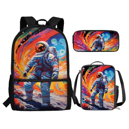 chaqlin Schulbüchertaschen-Set für Mädchen, Teenager, 5–12 Jahre, Schultaschen-Set mit isolierten Lunch-Taschen, Federmäppchen, 3-teiliges Set, Kunst-Astronaut, Kinderrucksack von chaqlin