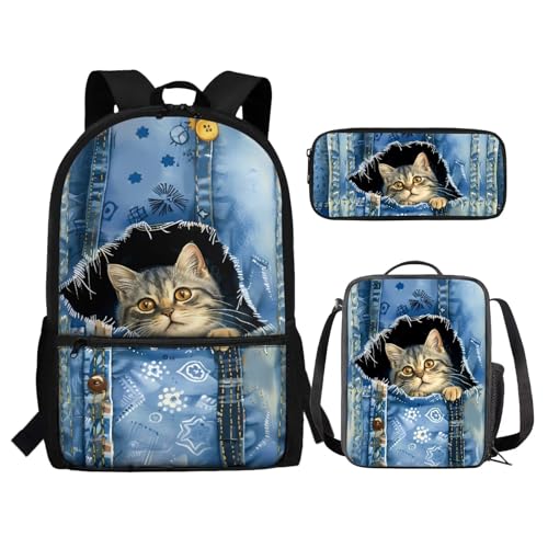 chaqlin Schulbüchertaschen-Set für Mädchen, Teenager, 5–12 Jahre, Schultaschen-Set mit isolierten Lunch-Taschen, Federmäppchen, 3-teiliges Set, Lustige Katze, Kinderrucksack von chaqlin