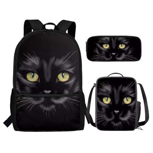 chaqlin Schulbüchertaschen-Set für Mädchen, Teenager, 5–12 Jahre, Schultaschen-Set mit isolierten Lunch-Taschen, Federmäppchen, 3-teiliges Set, Schwarze Tierkatze, Kinderrucksack von chaqlin