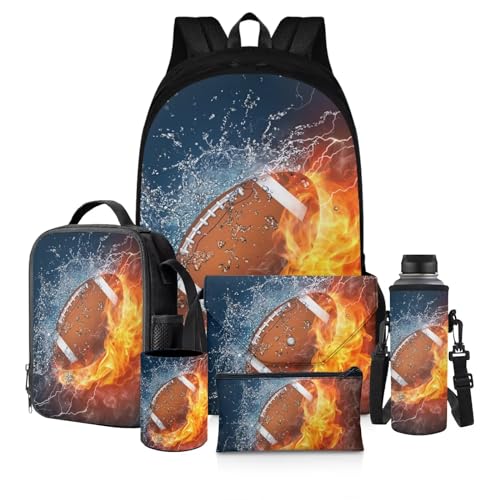 chaqlin Schulbüchertaschen für Jungen, Kinder-Rucksack mit Lunchbox, Büchertasche, Federmäppchen, 6-teiliges Schultaschen-Set, Ein Feuer-Rugby, Kinderrucksack von chaqlin