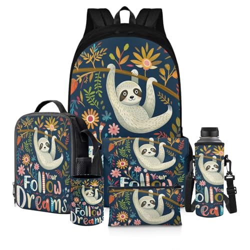 chaqlin Schulbüchertaschen für Jungen, Kinder-Rucksack mit Lunchbox, Büchertasche, Federmäppchen, 6-teiliges Schultaschen-Set, Follow Dream Sloth, Kinderrucksack von chaqlin