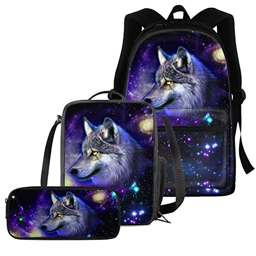 chaqlin Blue Galaxy Wolf Schulrucksack-Set für Jungen Teenager, 3-in-1-Schulbüchertaschen, Tierwolf, Bedruckt, isolierte Lunchbox, Federmäppchen-Set für College-Studenten-Rucksack von chaqlin