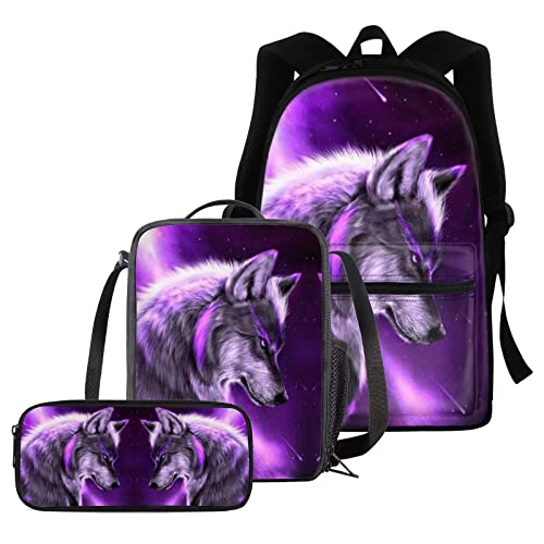 chaqlin Schulranzen-Set für Jungen und Mädchen, 3-teiliges Set + Thermo-Lunchbox + Federmäppchen, Galaxy Space Wolf, Kinderrucksack von chaqlin