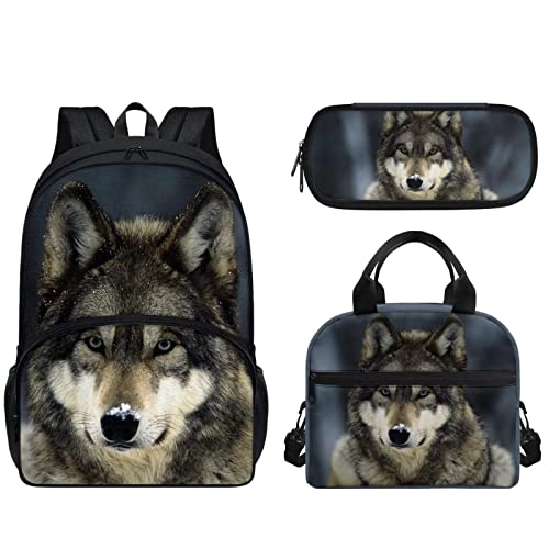 chaqlin Schulranzen-Set für Kinder, 3-in-1-Rucksack, Schulbüchertaschen-Set mit großer Kapazität, isolierte Lunchbox, Animal Wolf, Einheitsgröße, Schulranzen-Set von chaqlin