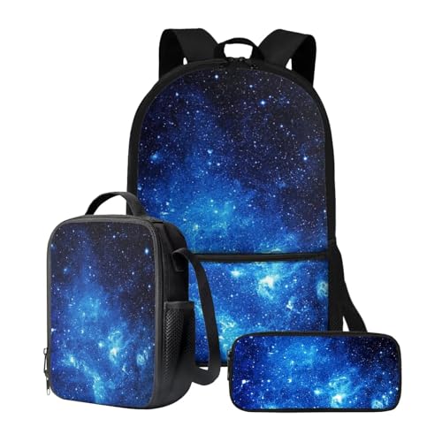 chaqlin Schulrucksack-Set für Jungen und Mädchen, mit Lunchbox, Stifthalter, 3-teilig, Picknick-Lunchbox, Behälter, Tagesrucksack, Blue Galaxy Night, Kinderrucksack von chaqlin