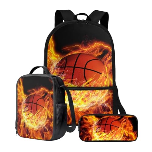 chaqlin Schulrucksack-Set für Jungen und Mädchen, mit Lunchbox, Stifthalter, 3-teilig, Picknick-Lunchbox, Behälter, Tagesrucksack, Feuer-Basketball, Kinderrucksack von chaqlin