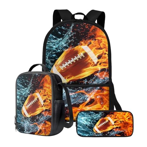 chaqlin Schulrucksack-Set für Jungen und Mädchen, mit Lunchbox, Stifthalter, 3-teilig, Picknick-Lunchbox, Behälter, Tagesrucksack, Fire Rugby, Kinderrucksack von chaqlin